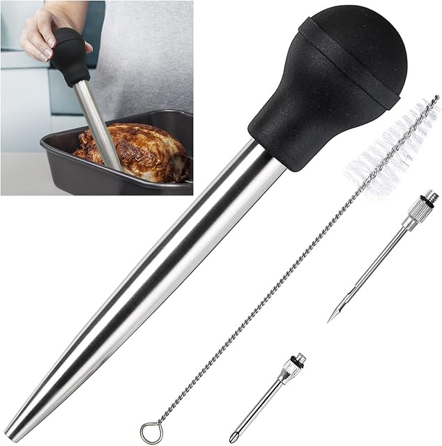 KAYCROWN Stainless Steel Turkey Baster Commerical Grade Quality FDA Rubber Bulb Including Marinade Injector Needle And Brush For Easy Clean Up