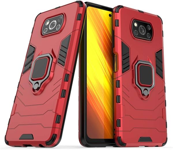 Funda LuluMain compatible con Xiaomi Poco X3, Mi Poco X3 NFC, con anillo metálico de agarre y soporte, resistente a golpes con borde rígido (compatible con soporte magnético para auto) cubierta resistente de doble capa (roja)