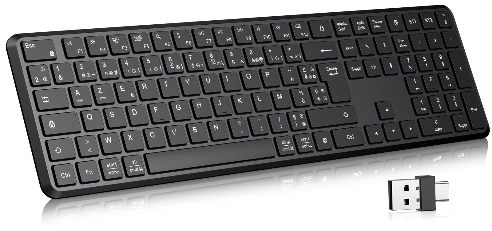 TECURS Clavier sans Fil Bluetooth (2BT + 2.4G), Disposition AZERTY, Noir
