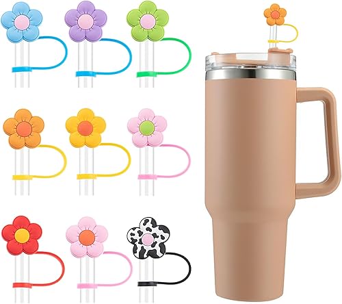9 fundas de paja Stanley de flores de 0.354-0.394 in, tapas de popote reutilizables para vasos Stanley de 3040 onzas, adornos de paja impermeables