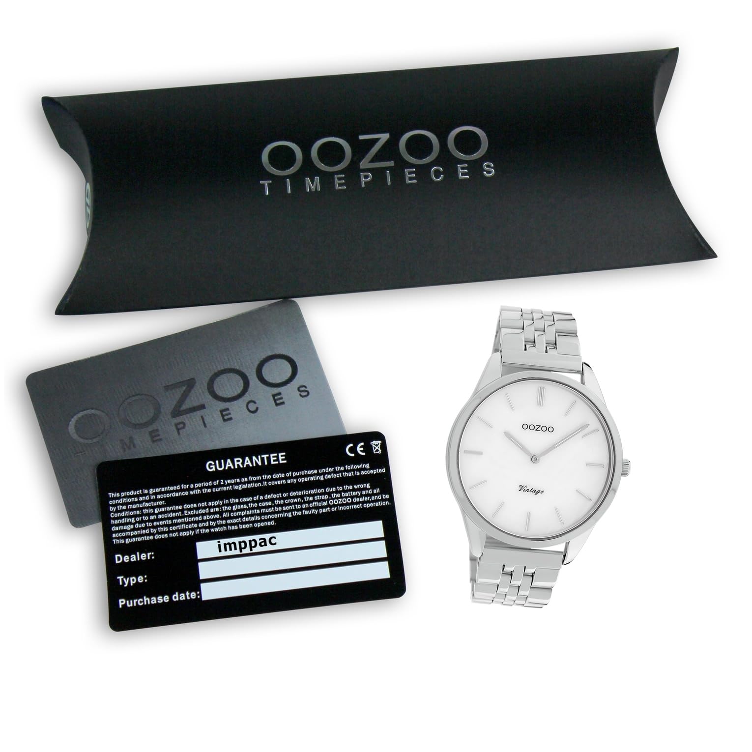 Oozoo Orologio da donna vintage con maglie in acciaio inox, cinturino piatto 38 mm, madreperla/argento C9980, argento/bianco, Bracciale