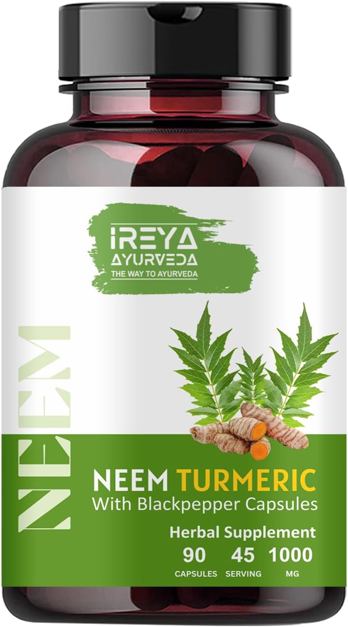 Neem Turmeric Capsules with Black Pepper Neem Herbal Supplement, Ayurvedic Herbal Cleanser, Detoxification, Enhances skin Health and Immunity (90 Capsules)