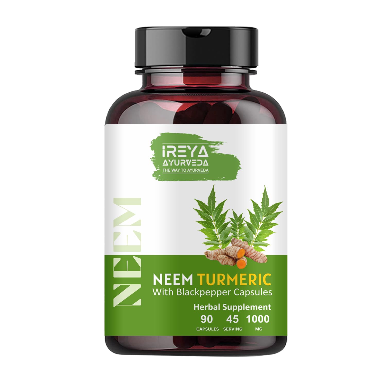 Neem Turmeric Capsules with Black Pepper Neem Herbal Supplement, Ayurvedic Herbal Cleanser, Detoxification, Enhances skin Health and Immunity (90 Capsules)