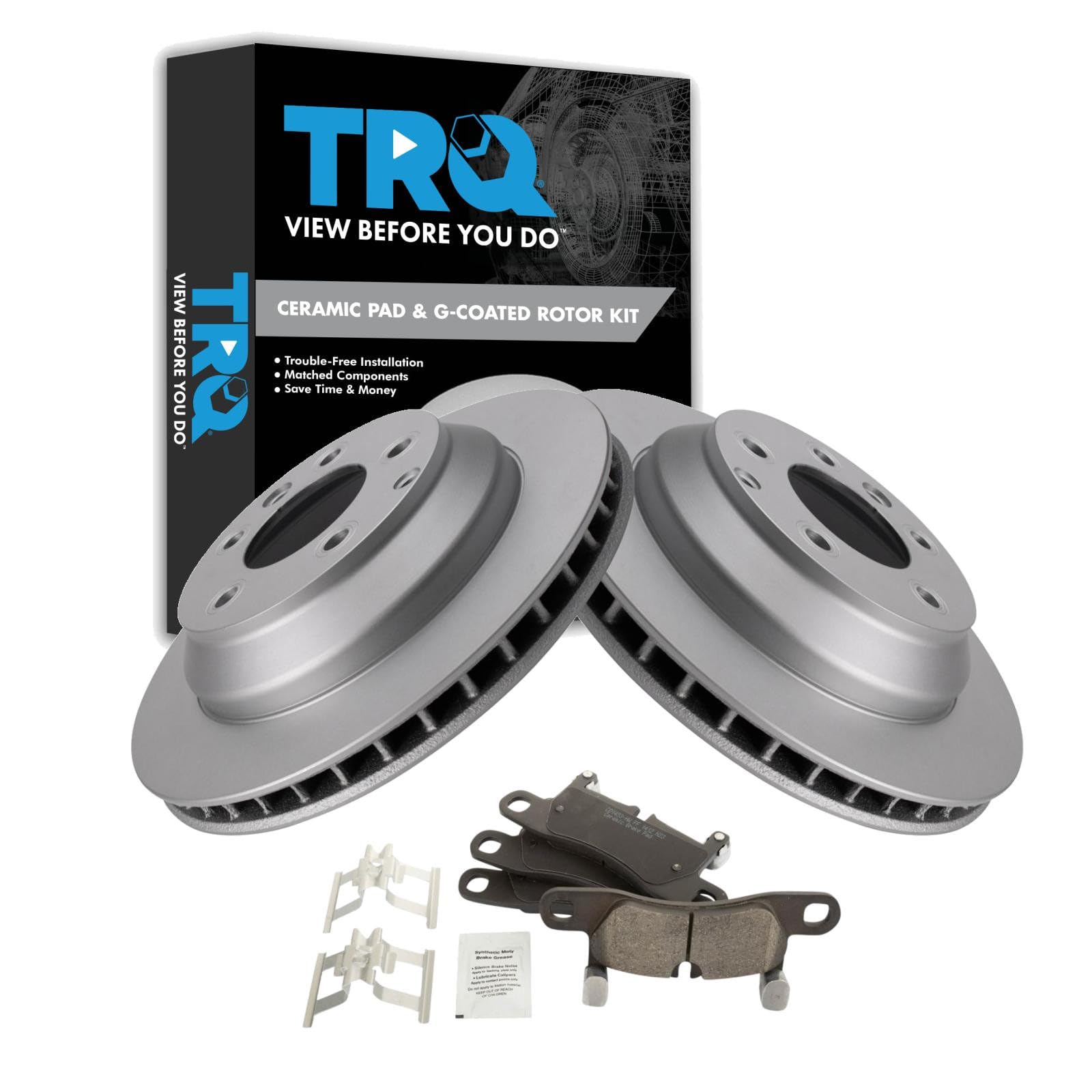 TRQ Rear Ceramic Brake Pad and Rotor Set Coated Compatible with 14-18 Porsche Cayenne 330mm Diameter Rear Rotors 13 11-17 VW Touareg