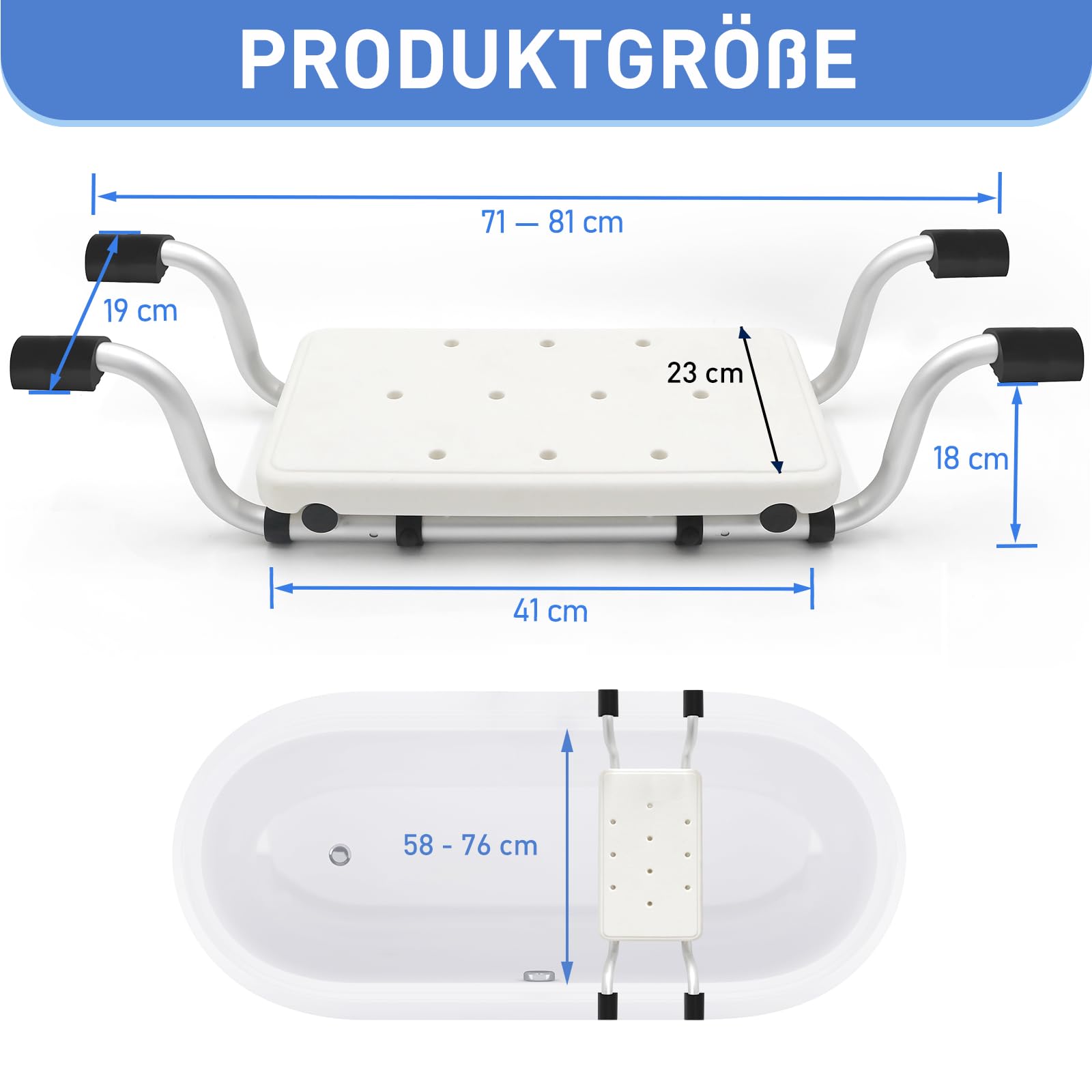 Asiento de bañera para personas mayores con asas negras y asiento gris – Tabla de bañera estable hasta 120 kg, ajustable de 71 a 81 cm, aluminio inoxidable