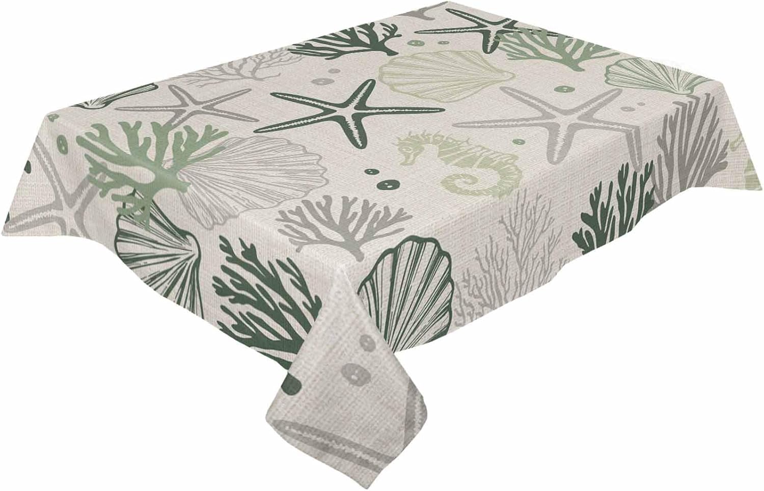 Rectangle Green Coastal Tablecloth Waterproof & Stainproof Tablecloths, Ocean Coral Starfish Seahorse Farmhouse Wipeable Table Cloth for Round/Rectangle/Oval/Square/Dining/Party/Wedding, 60x84
