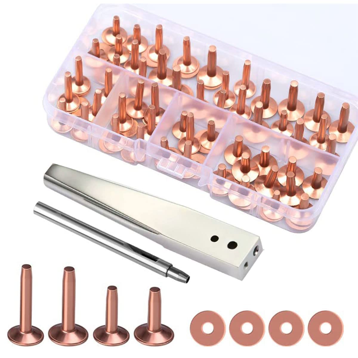 Chipsee Leather Rivets Fastener 40 Set Copper Rivets and Burrs Set, with Hole Punch & Install Setting Tool for Belts Wallets Collars Leather Working Supplies (12 * 14mm)