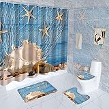dowhufund 4 Pcs Starfish Seashells Shower Curtain Set with Rugs, Toilet Lid Cover Bath Mat ,Beach Cu