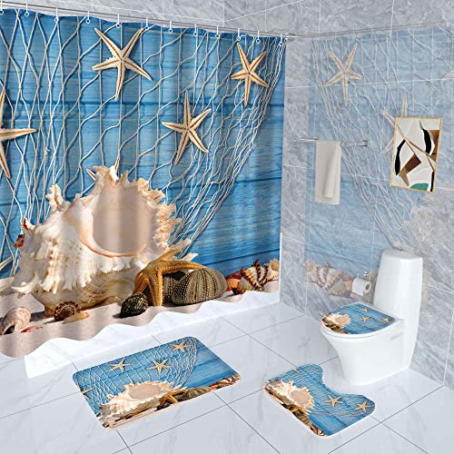 Dowhufund 4 Pcs Starfish Seashells Shower Curtain Set With Rugs, Toilet Lid Cover Bath Mat ,Beach Curtain With 12 Hooks,65 X 70 Inches Waterproof Ocean Shower Curtain For Bathroom Set #TOP4
