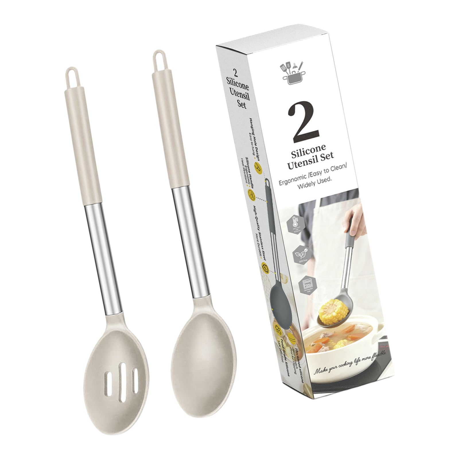 Soup and Stirring Spoon Set Silicone Cooking Utensil Pair with Metal Handles for Kitchen Pots and Daily Meal Prep Kitchen Cooking Spoon Slotted Serving Silicone Utensil Pair Metal Handle Loop Handle