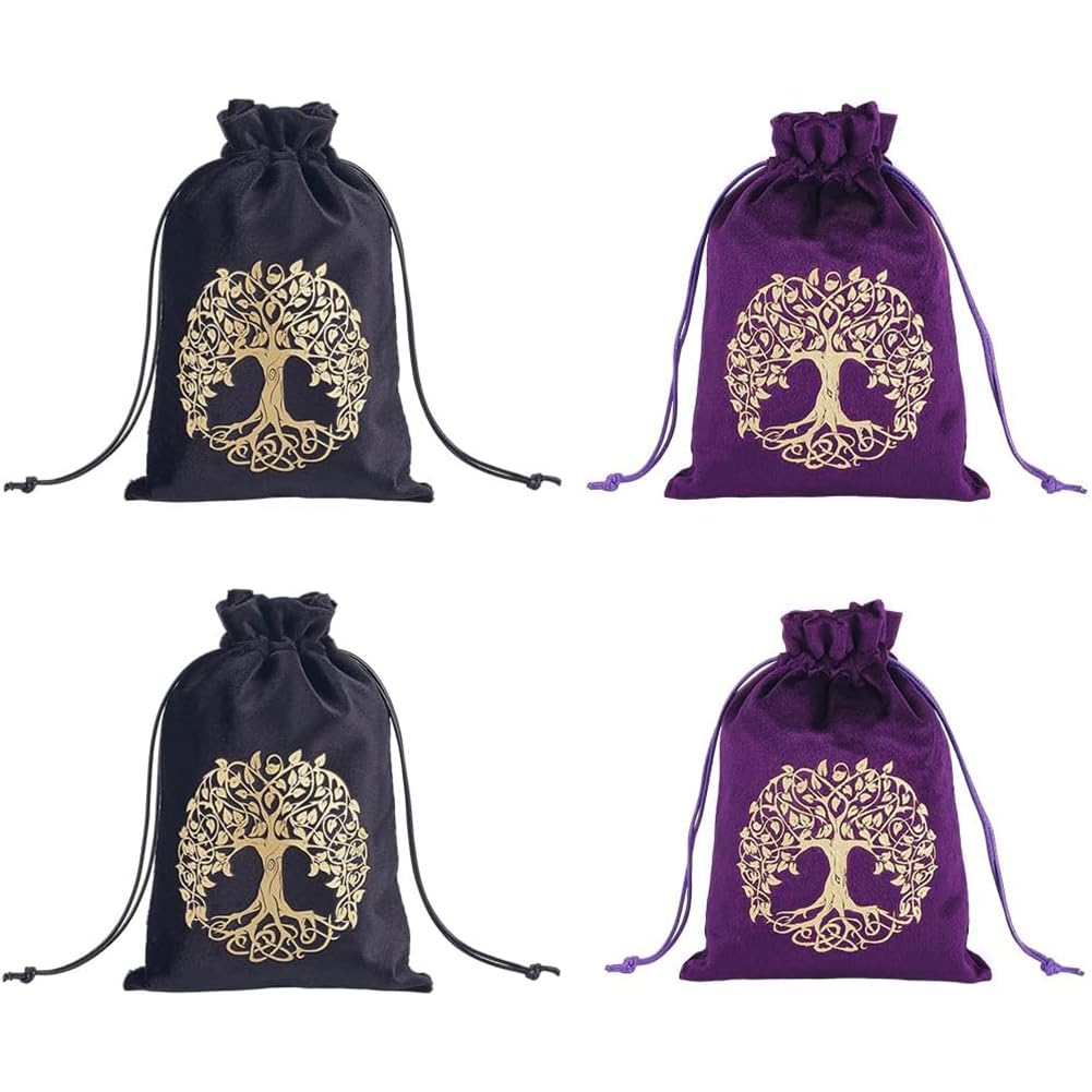 CREATCABIN 4 Packs Tarot Storage Bag Thick Velvet Packing Pouches Tree of Life Symbol Drawstring Bag Black Protective Card Board Game Embroidery for Tarot Dice Card Jewelry Crystal Pouch 7x5.1 Inch