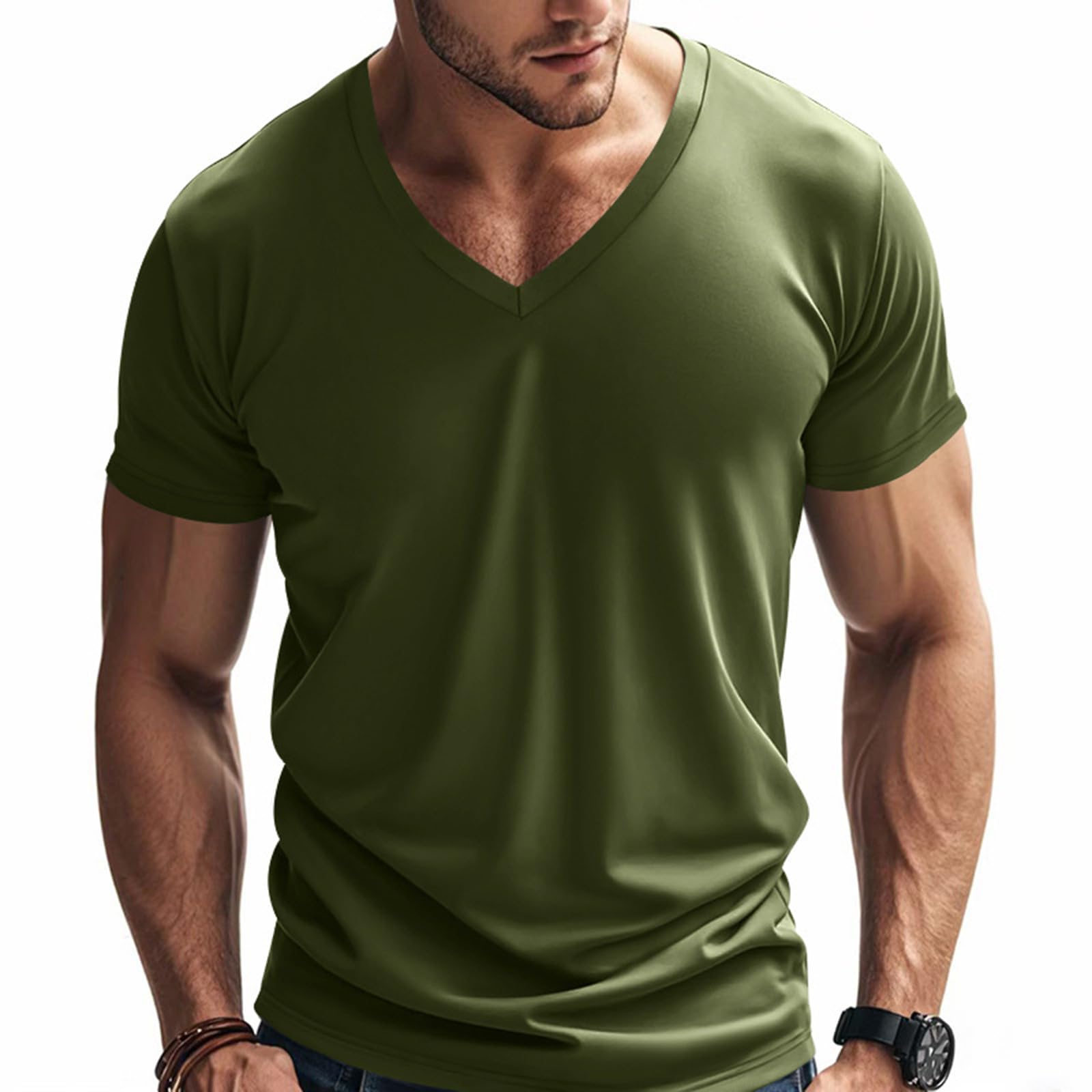 Mens Solid Color V Neck Tops Muscle Athletic Quick Dry Short Sleeve Workout Fitness T Shirts for Men