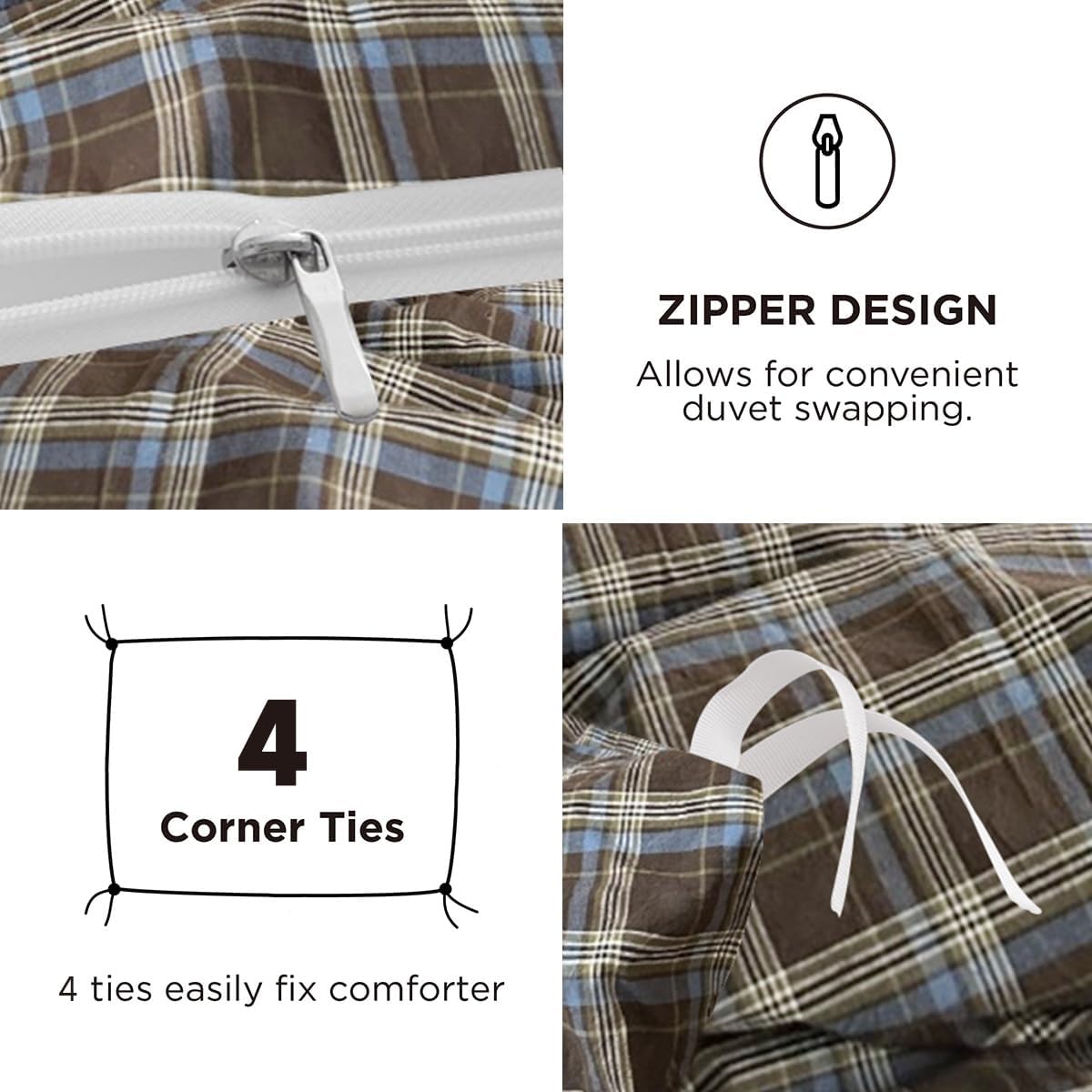 Plaid Duvet Cover Set Queen Size,Brown Blue Gingham Patterned Bedding Set for Girls Boys,Modern Soft Breathable Microfiber Comforter Cover 3 Pieces with Zipper Closure and 2 Pillow Shams