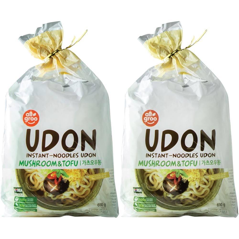 Allgroo Udon Instantnudeln - Tofu und Pilze, Udon Suppe würzig, aromatisch, schnelle Zubereitung - enthält 3 Portionen - 1 x 690 g (Packung mit 2)