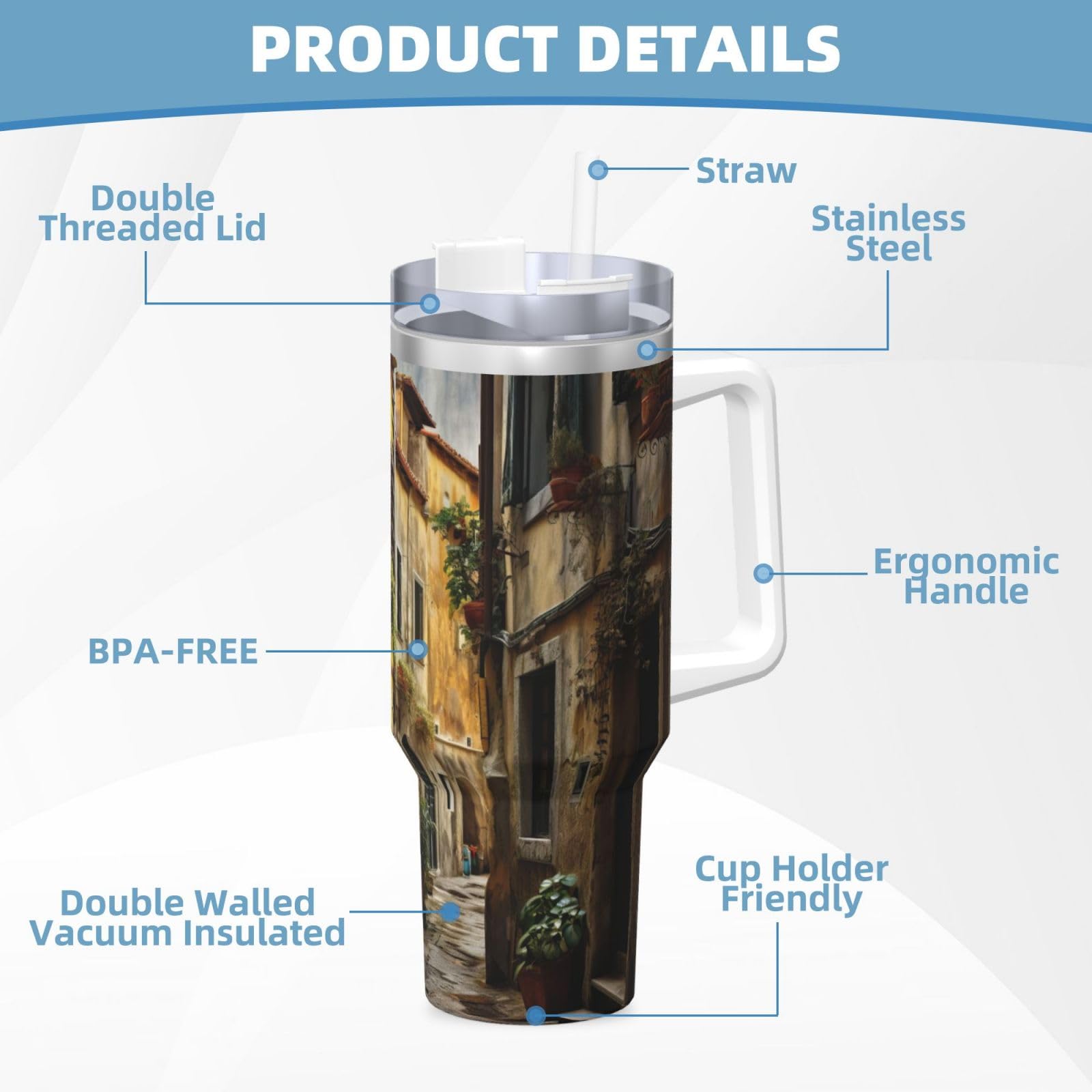 Italian Old Street Wasserflasche aus Edelstahl, doppelwandig, isoliert, mit Griff und Strohhalm-Deckel, 1,2 l