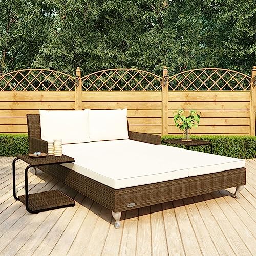 YAFF 2-Person Patio Sun Bed with Cushions Poly Rattan Brown(Brown)