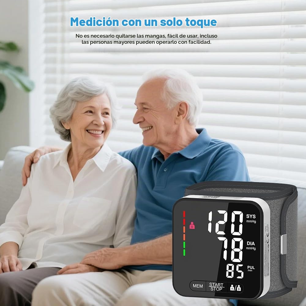 Tensiómetro de muñeca con detección de arritmia, medición de presión arterial y pulso totalmente automática, indicador de riesgo colorido, 2 × 99 memorias, para muñecas de 13,5 – 21,5 cm