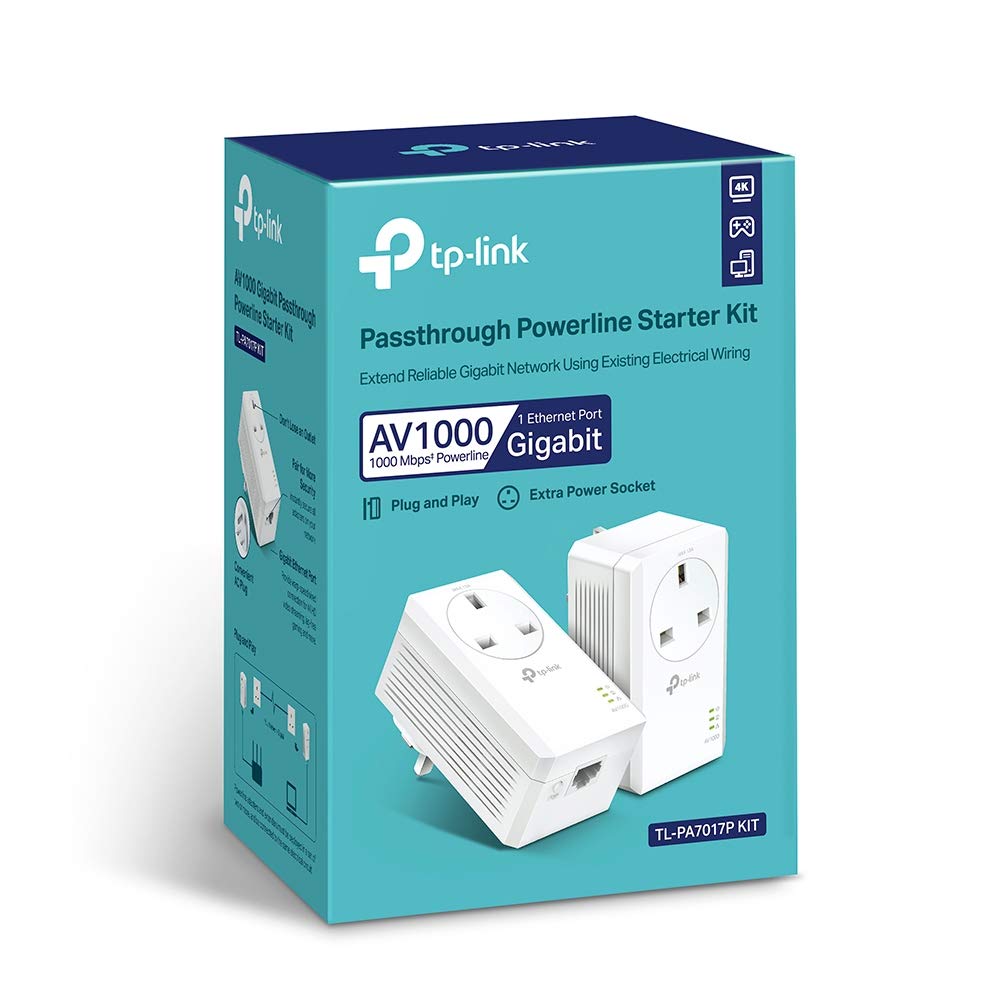 TP-Link TL-PA7017P KIT Gigabit Passthrough Powerline Starter Kit, Data Transfer Speed Up to 1000 Mbps, Ideal for HD/3D/4K Video Streaming and Online Gaming, No Configuration Required, UK Plug