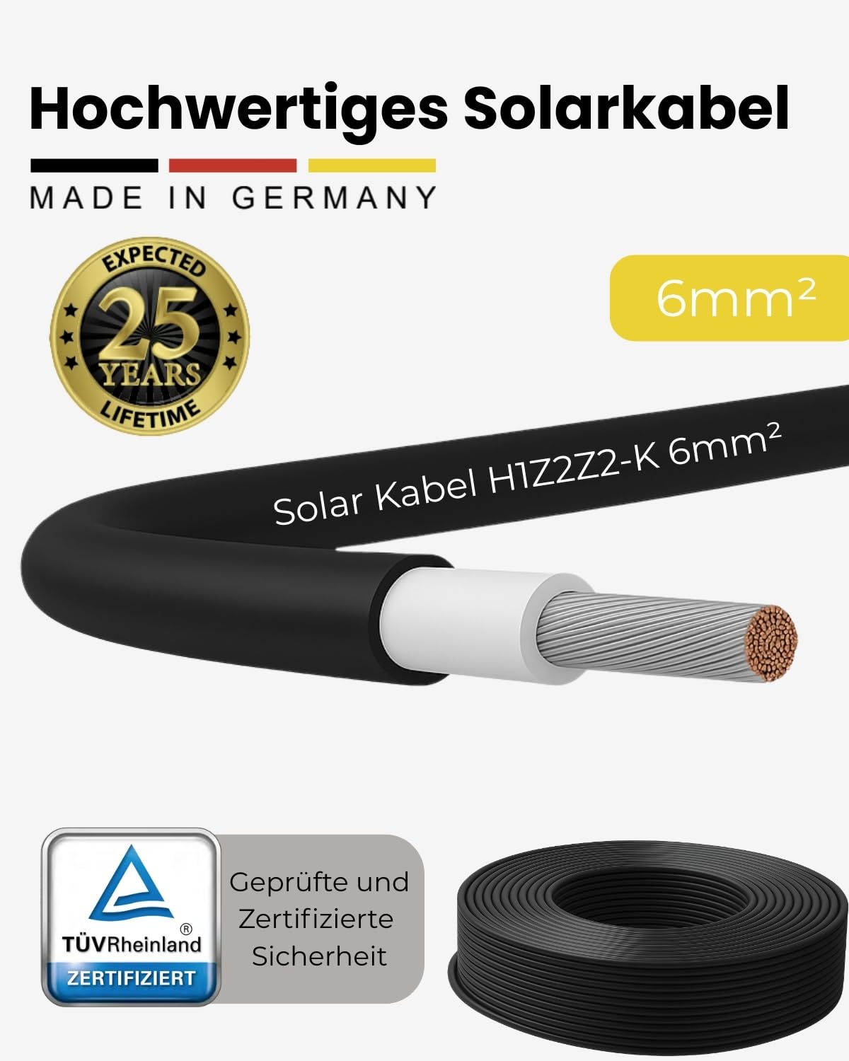 Premium Solarkabel 6mm² – TÜV Rheinland geprüft – UV-beständig & flexibel – Photovoltaik Kabel für Solaranlagen, Solarpanel & Wechselrichter – Made in Germany (Schwarz, 100m)