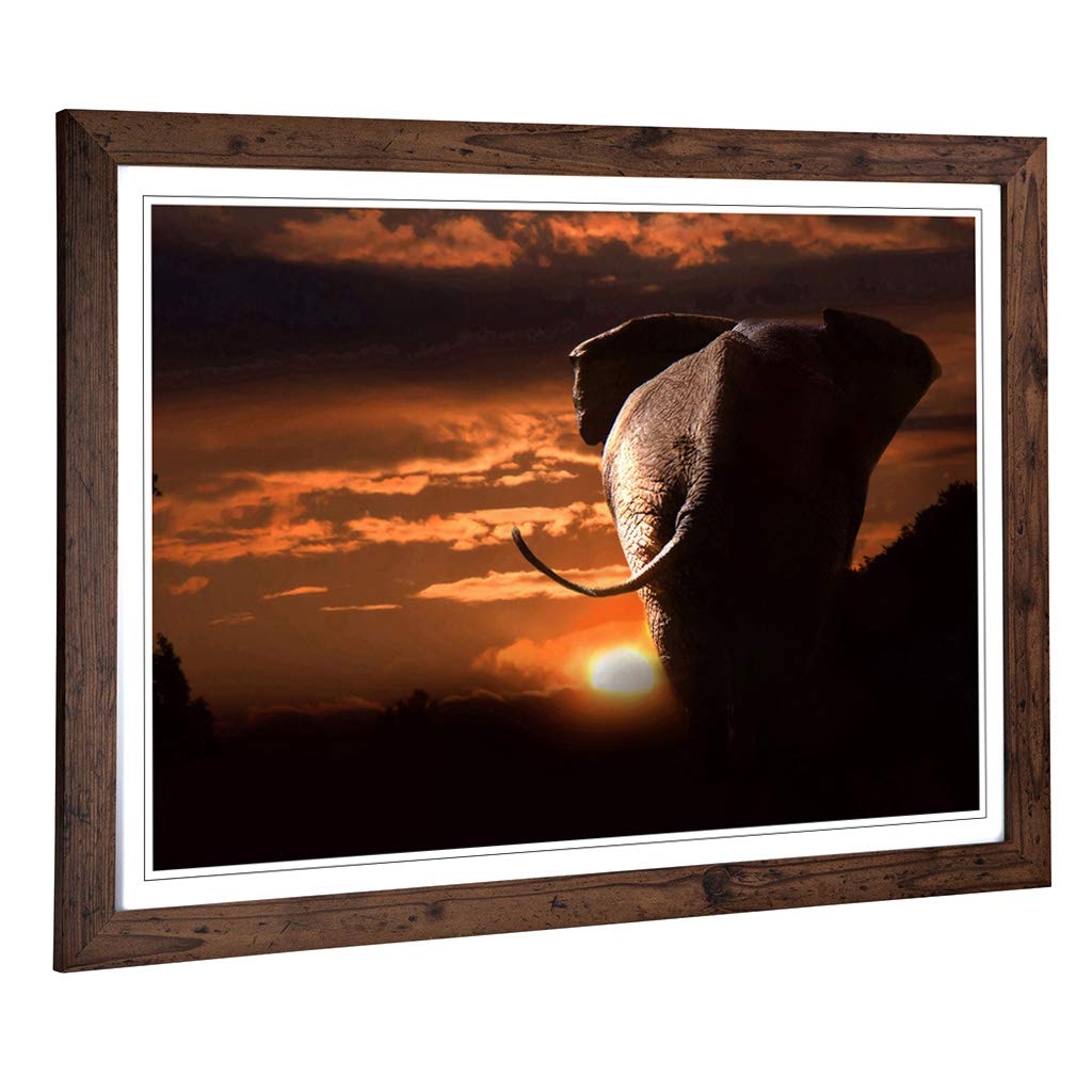 Big Box Art Framed Print of Walking Elephant Sunset Design | Wall Art Picture | Home Decor for Kitchen, Living, Dining Room, Bedroom, Hallway, Office, Walnut, A2 / 24.5x18 Inch / 62x45cm