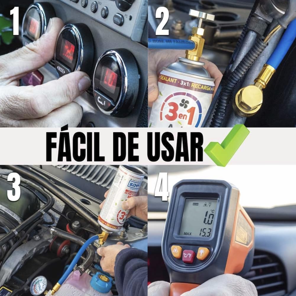 A/C rePair Recarga Aire Acondicionado Coche 3 en 1 Compatible R134a/R12 hasta 2016 – Sustituto Refrigerante con Sellador y Lubricante 400ml (1 ENVASE + LLAVE)