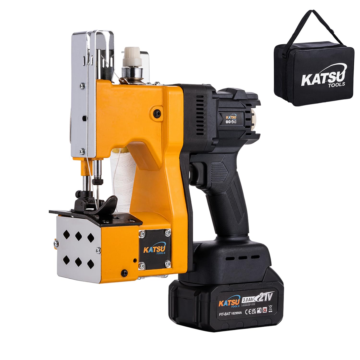 KATSU FIT-BAT Macchina da Cucire per Sacchi Portatile 21V senza Spazzole senza Fili Macchina per Cucire Borse con Batteria da 3.0 Ah, per Sigillare Sacchetti di Sacco di Tessuto/Carta/Plastica