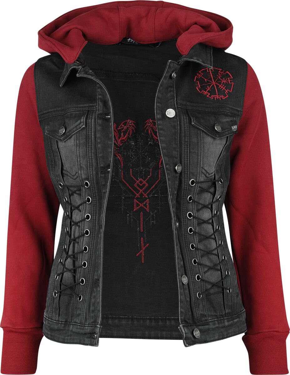 Black Premium by EMP Mujer Chaqueta vaquera negra y roja con capucha desmontable y mangas hechas de tela extra suave para el sudor