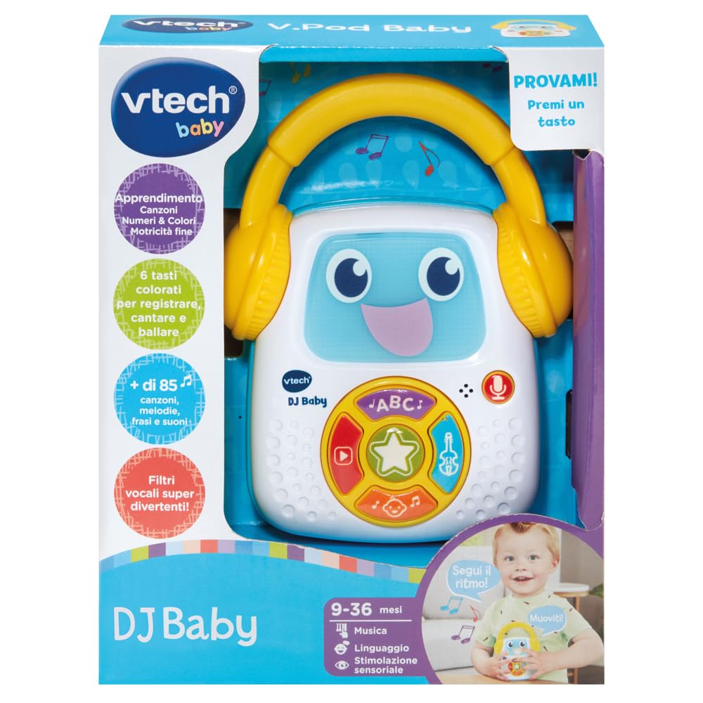 VTech Dj Baby, Giocattolo Musicale Interattivo con 5 Modalità di Gioco, 30 Melodie, Funzione Registrazione, Luci e Spegnimento Automatico, Lingua Italiana, Batterie Incluse, 9-36 Mesi