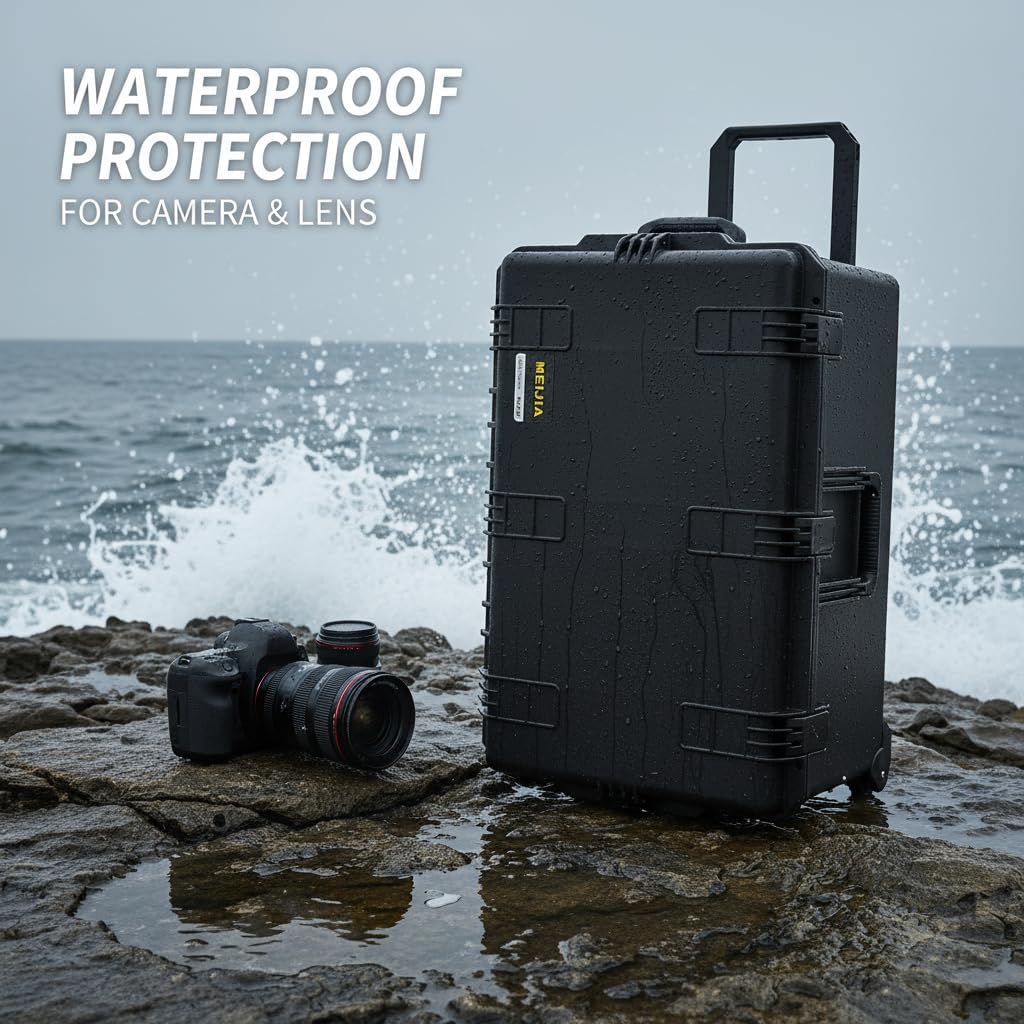 MEIJIA Premium Waterproof Hard Compact Rolling Camera Case with customizable fit foam and wheels,Full Protection with Light&Convenient Design,Elegant Black (31.3"X20.3"X15.5")
