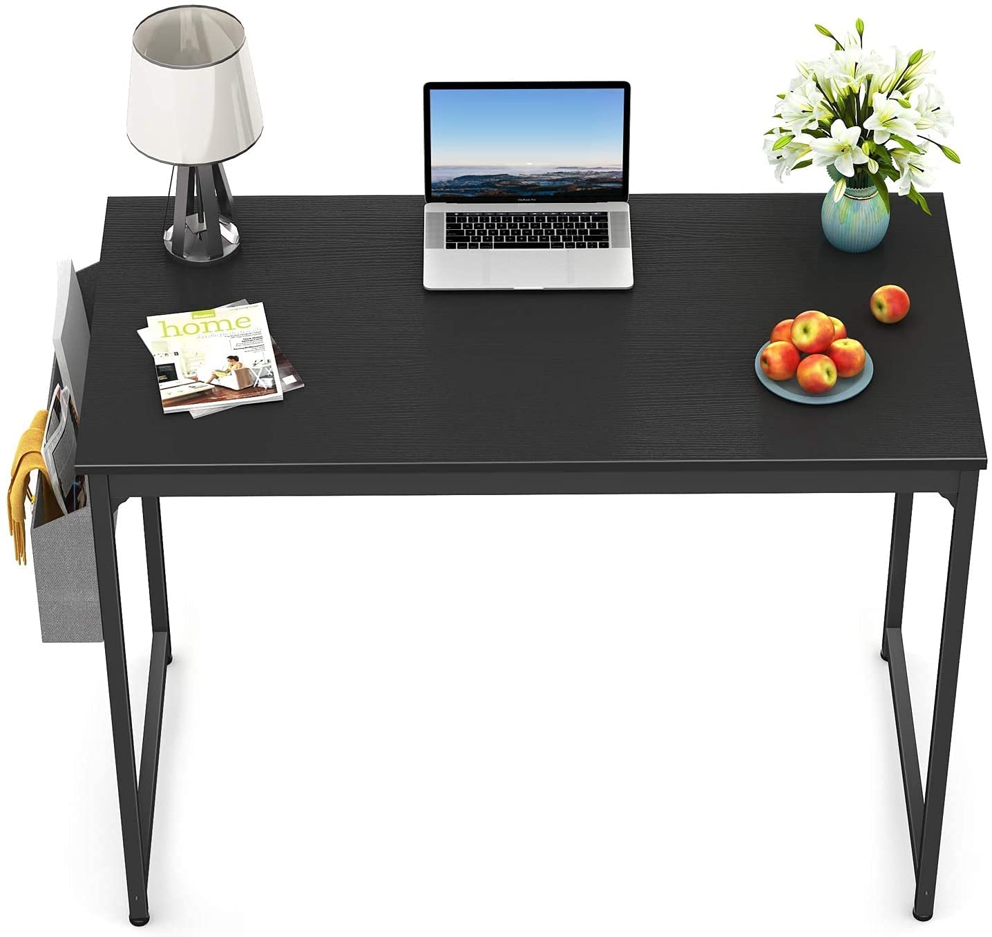 Metal Frame Workstation Modern Simple Style PC Desk with Storage Bag and Hook (Black, 30" X 32" X19")