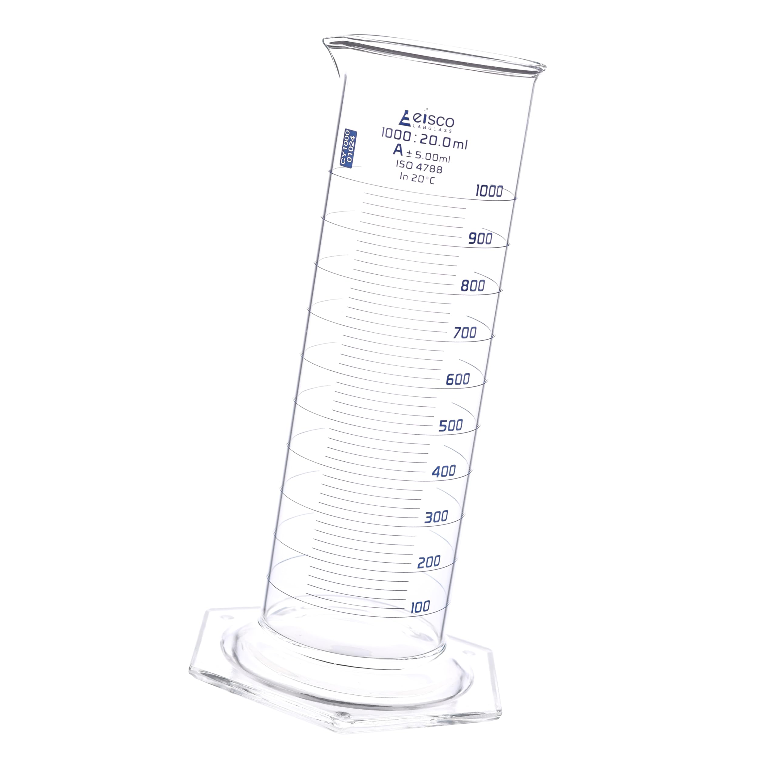Eisco Labs - Cilindro de medición, 1000 ml, clase A, forma de sentadillas, certificado ISO 4788, cilindro de vidrio graduado para uso en laboratorio, medición precisa de líquidos, cristalería