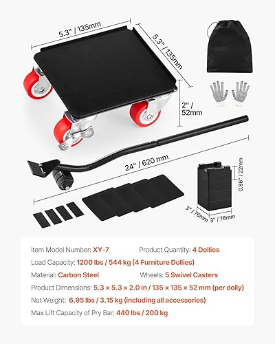 Miniatura 7 de VEVOR Carrito de muebles de 1200 libras, trasladadores de muebles resistentes con ruedas de 5 x 360, panel de acero al carbono de 5.3 pulgadas,