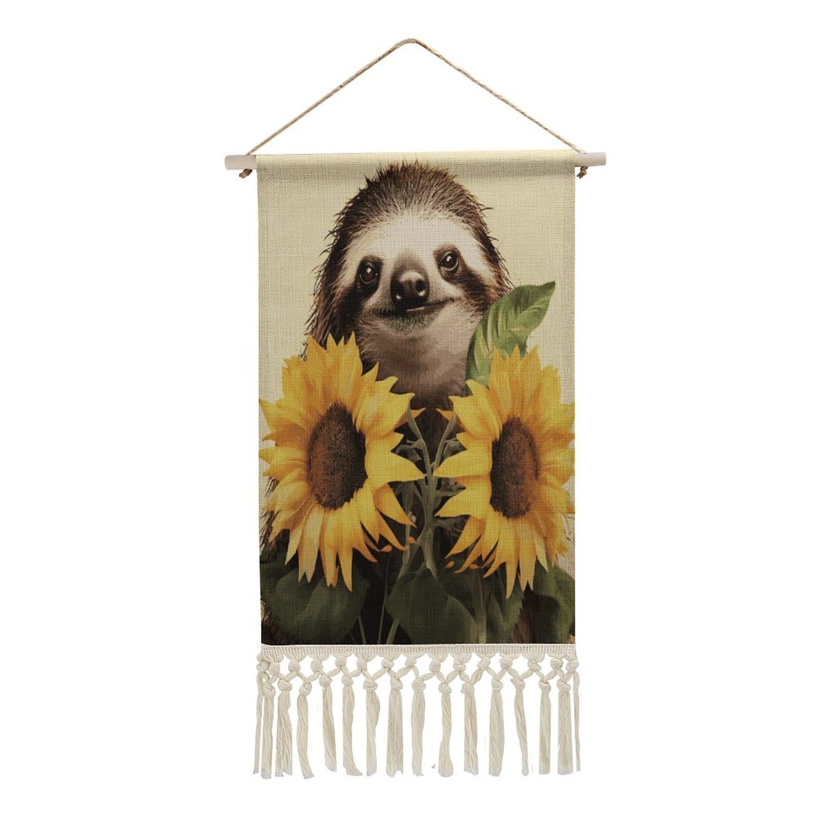 Adfgyerh Style Sloth Sunflower Tapestry With Tassels Cotton And Linen Hanging Posters, Wall Art For Travel Gift, Wall Tapestry For Office Home Decor Bedroom Living Room Decor