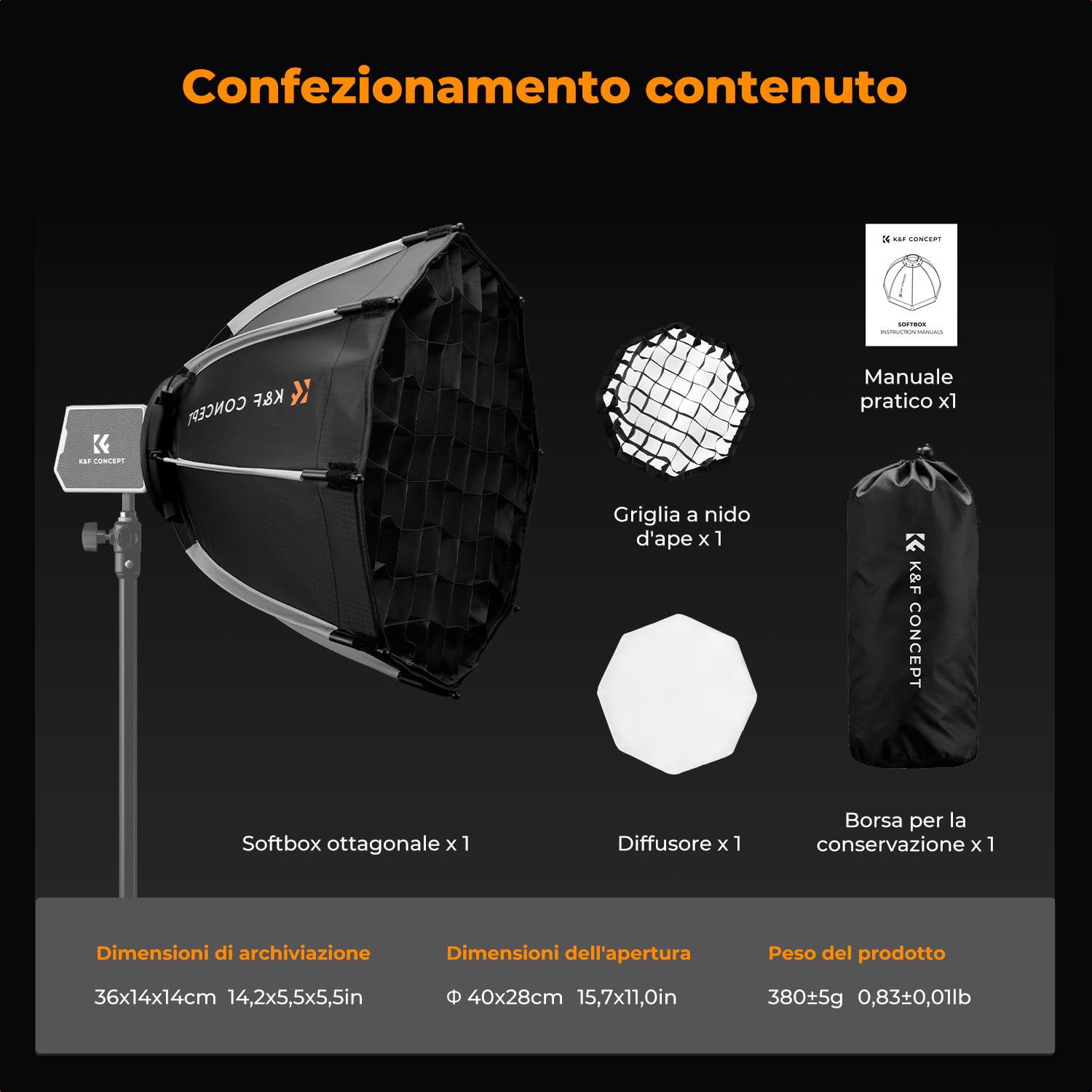 K&F CONCEPT mini Softbox parabolica 40cm con griglia, diffusore e borsa | Attacco baionetta mini compatibile con COB K&F PL-60B, ideale per esterni, ritratti, matrimoni e dirette streaming, LK04