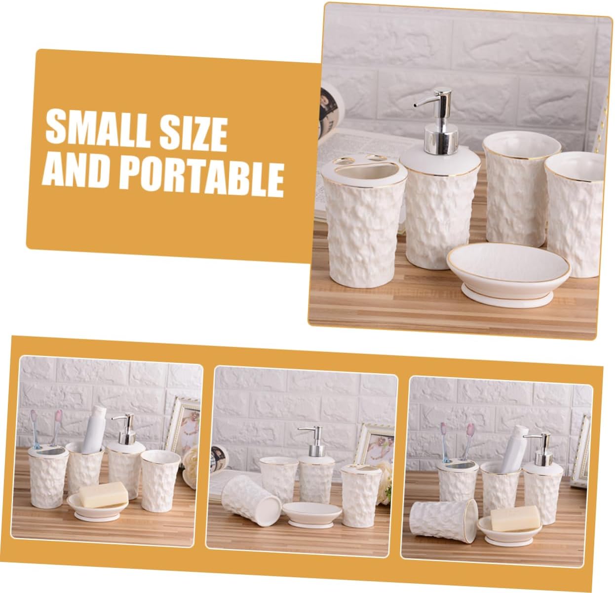 Ceramic Toothbrush Holder Soap Dish Set Lotion Dispenser Bathroom Accessory Kit Gold Trim Easy to Use