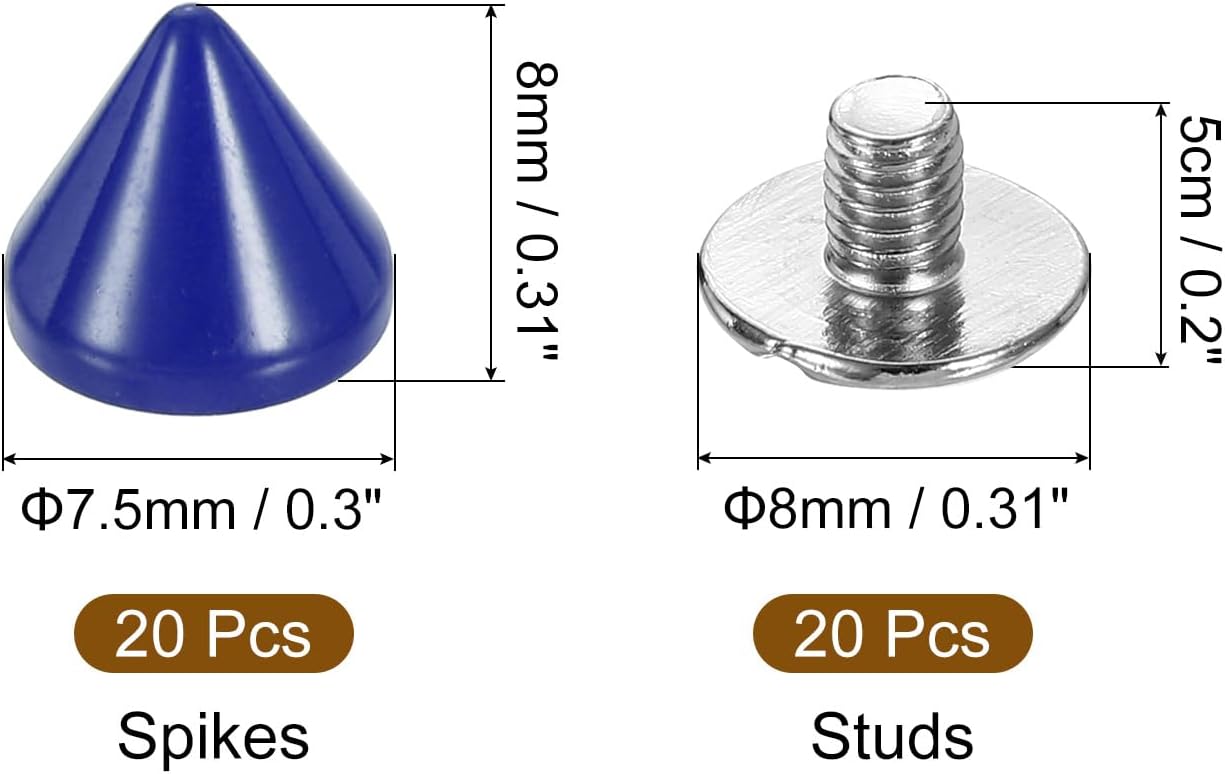 uxcell 20Set Spikes and Studs Kit, 7.5 x 8mm Cone Spikes Punk Rock Rapid Rivets Screw for DIY Leather Craft Belt Bags Shoes Accessories, Blue image 2