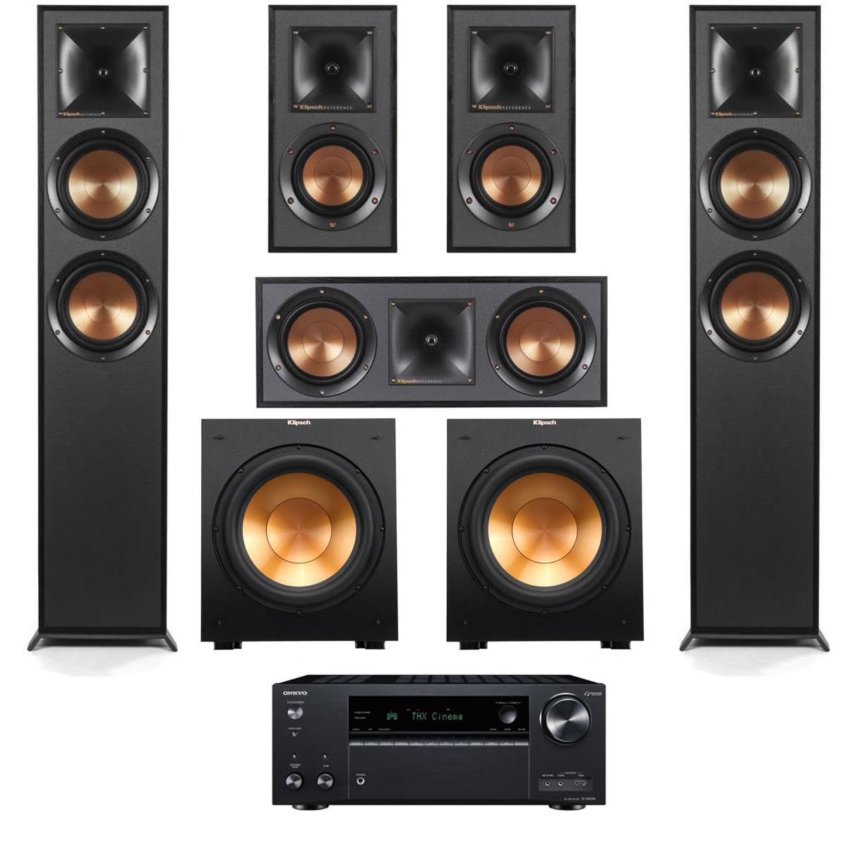 Klipsch Reference 5.2 Home Theater System, Bundle with 2X R-625FA Floorstanding Speaker, 2X R-12SW Subwoofer, R-52C Center Channel, R-41M Bookshelf Speaker Pair, 7.2-Channel Receiver, Black
