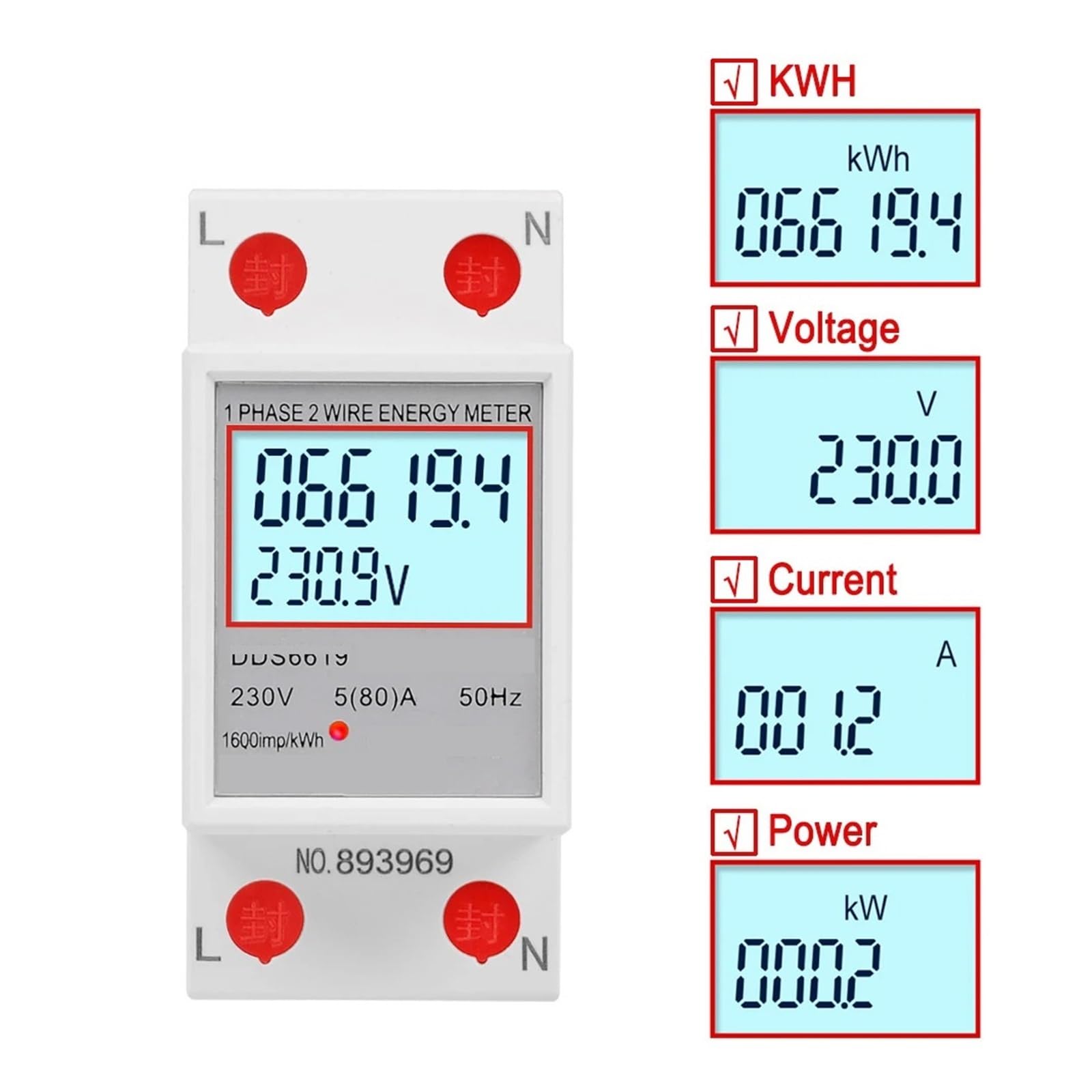 Wattmètre à Affichage numérique LCD, Charge 80A, 1 Phase, 2 Fils, consommation d'énergie, Compteur d'électricité, AC 230V, 50Hz, Usage Domestique(DDS6619-003)