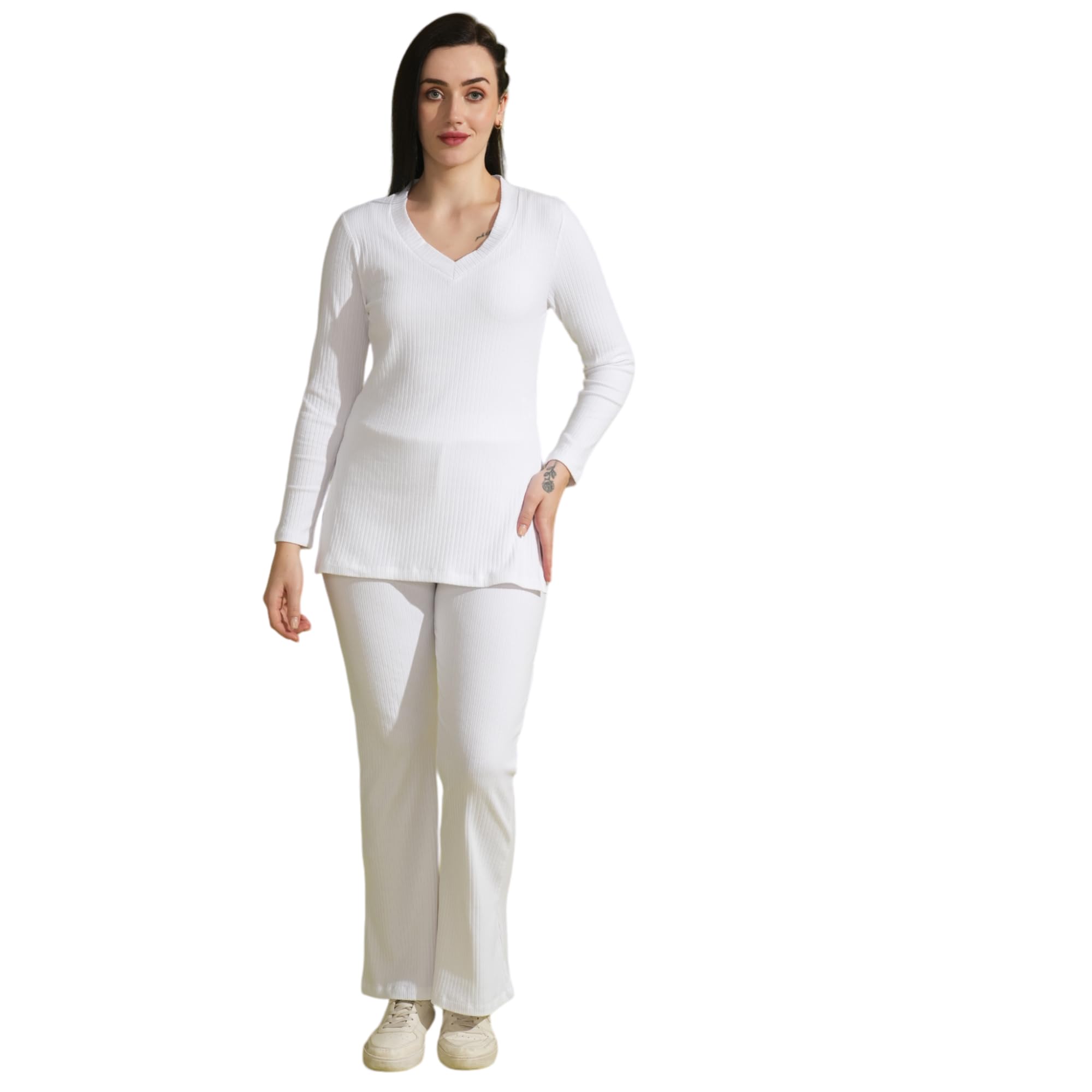 globus Women V-Neck Ribbed Long Sleeves Side Slit Top & Fully Elasticated Ankle Length Trouser Co-ord Set-picture-13