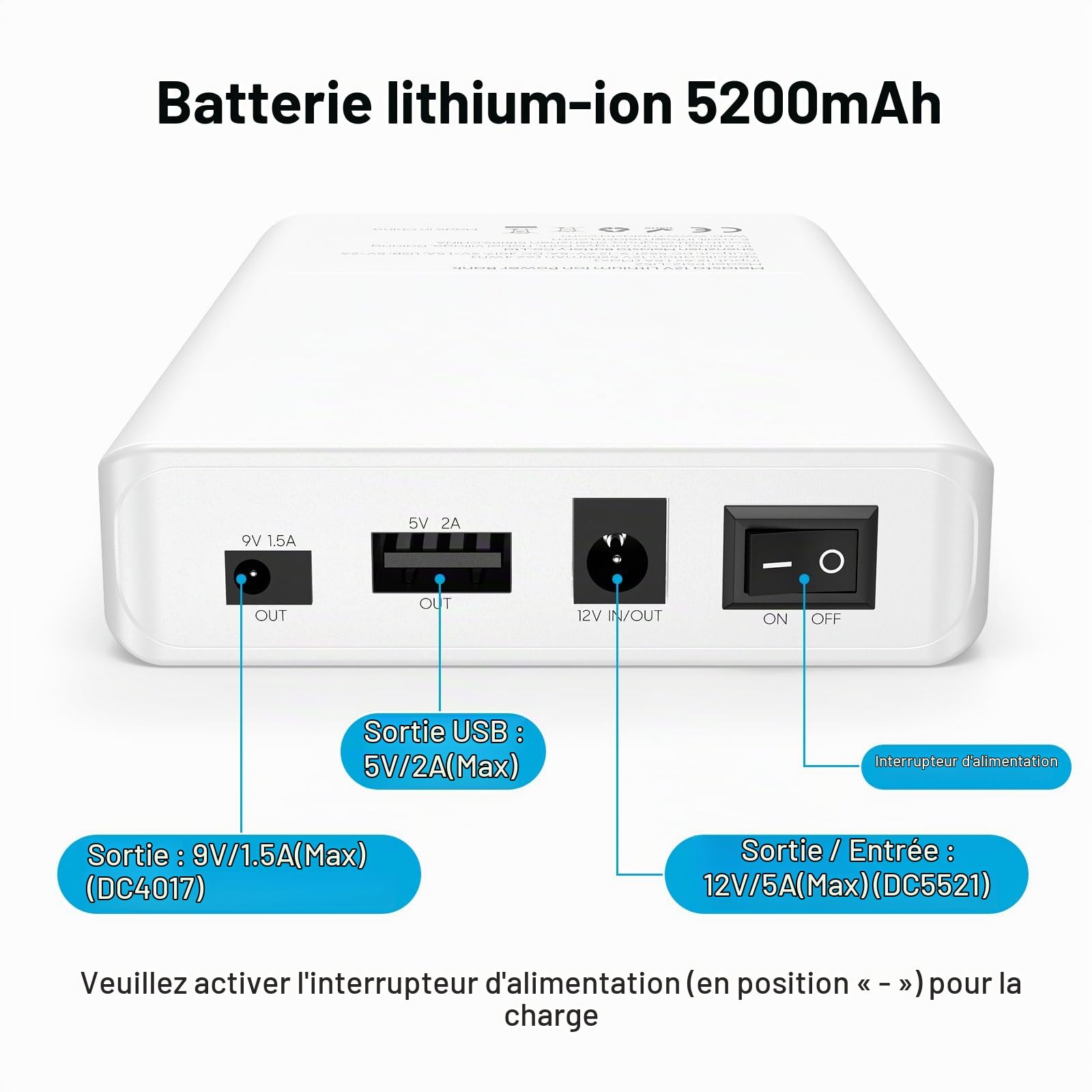 melasta Li-ION Batterie Externe 5200mAh 12V/5A/DC 9V/1.5A/DC 5V/2A USB, Power Bank Chargeur Portable avec Chargeur avec 3 Ports Sortie et 1 Entrées Compatible Bande LED, DVR de Voiture, CCTV Caméra