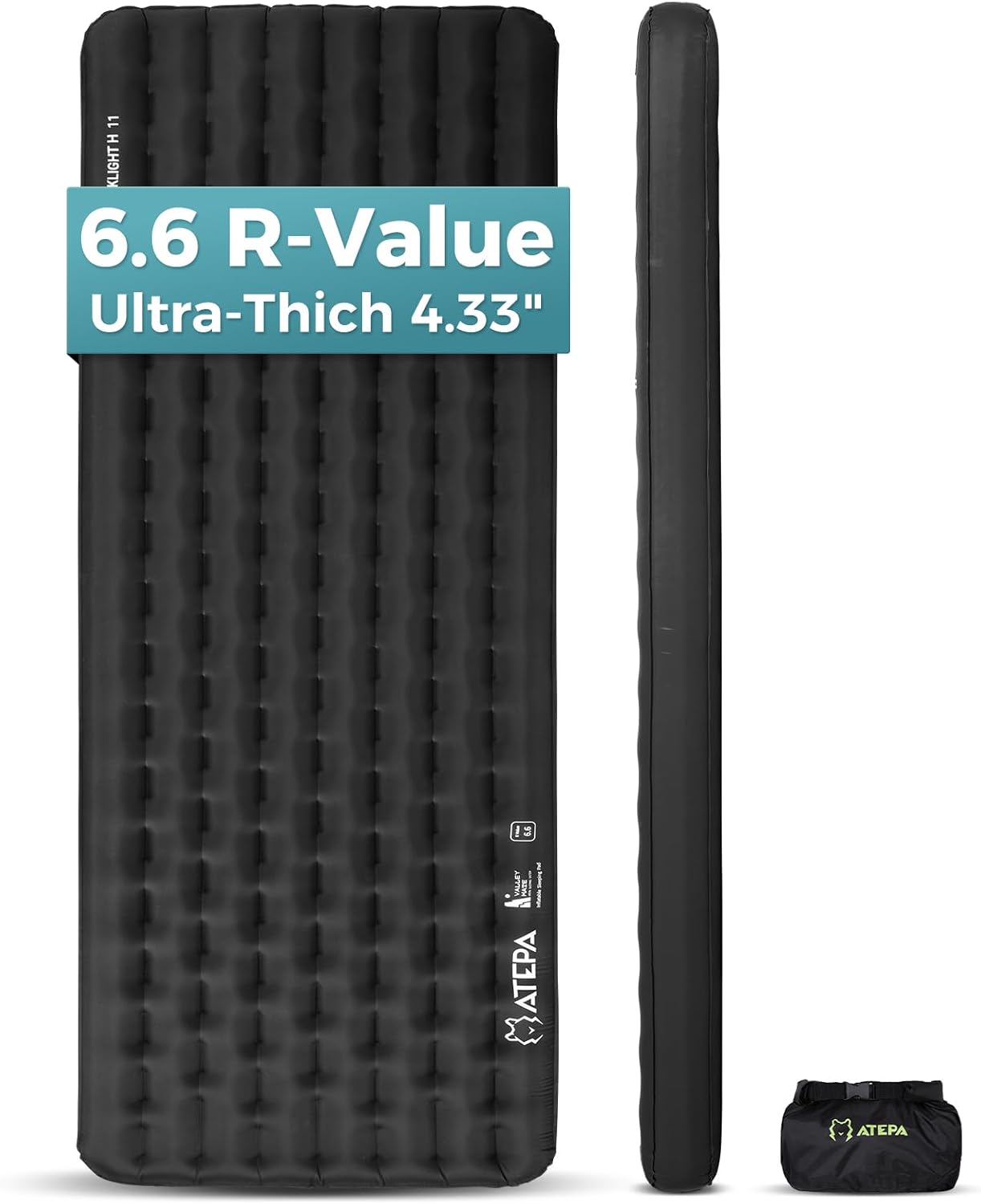 ATEPA ThermAir Pro Backpacking Inflatable Sleeping Pad, 6.6 R-Value Insulated Ultralight Portable Camping Pad Thick Camping Mat for Camping Backpacking Tent, Wide Long Size 78"x27", Black