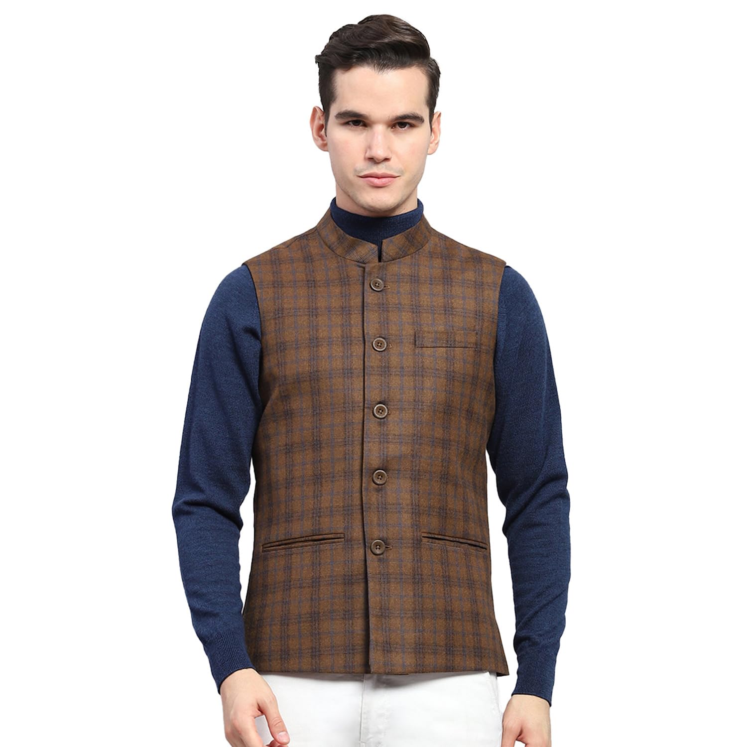 Mens Checkered Band Neck Sleeveless Jacket (224066876)