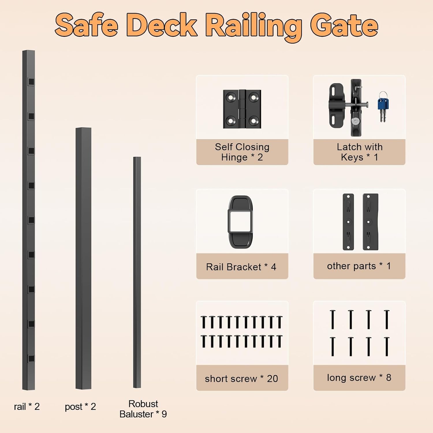 4ft.W Deck Gate Kit for 36in.H Railing, Cuttable Fence Door with Black Textured Powder-Coat Finish, Outdoor Gate Kit with Latch and Auto-Closing Hinge for Deck, Garden, Yard, Porch Black