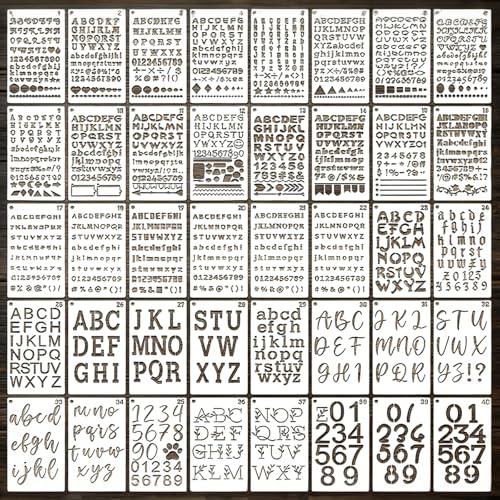 WJMY 40 Stück Wiederverwendbar Schablonen Set, 18 x 10.5cm Buchstaben Zahlen Schablone, Malschablonen für Scrapbooking DIY Airbrush Malerei, Plastikschablonen (Buchstaben und Zahlen)