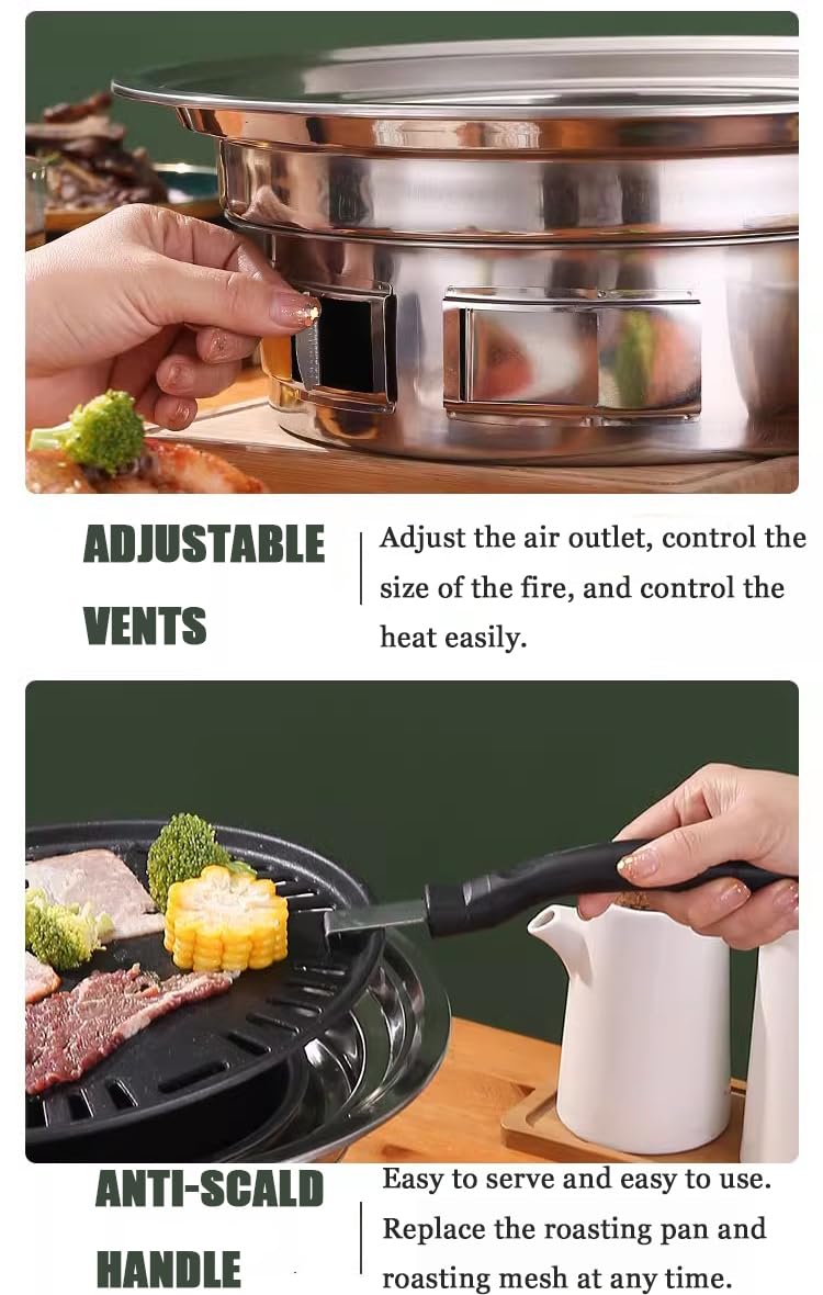 Parrilla de carbón coreano de 13.8 pulgadas de acero inoxidable de mesa para barbacoa, estufa de barbacoa para acampar al aire libre, parrilla para ahumar de mesa, parrilla de barbacoa para 4