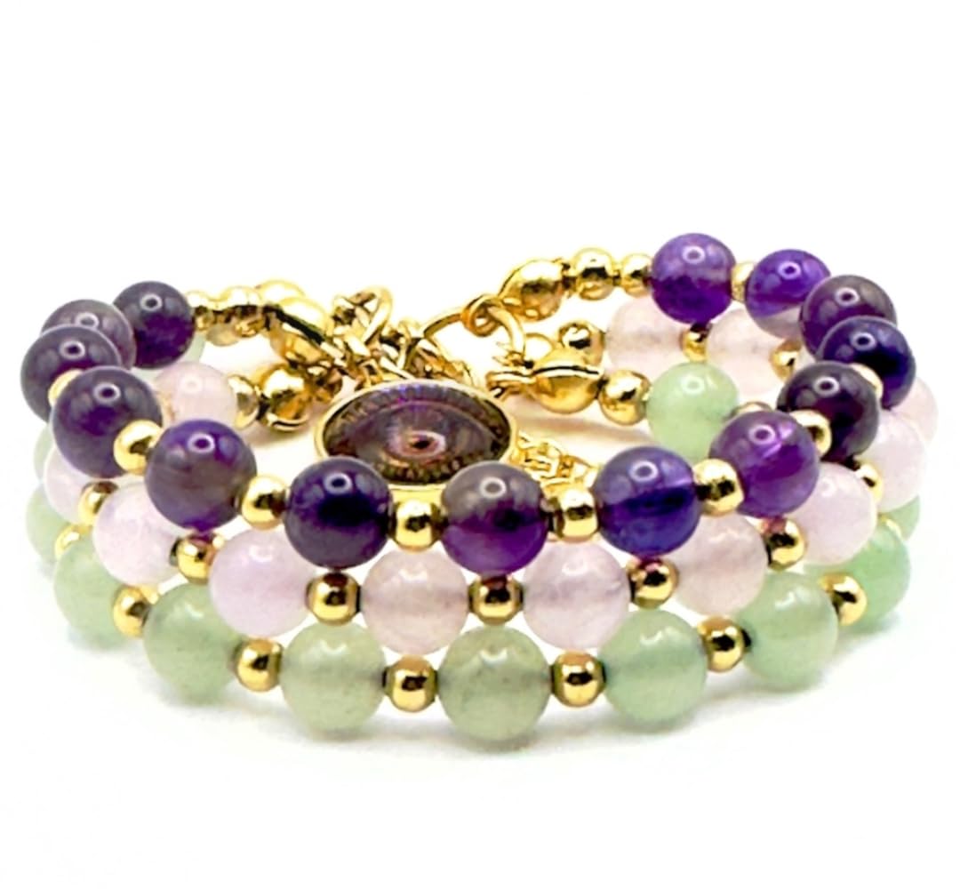 Crystals and Healing Stones Bracelet Amethyst Rose-Quartz Aventurine Gemstones with Evil Eye Charm for Anxiety Depression Positivity and Protection