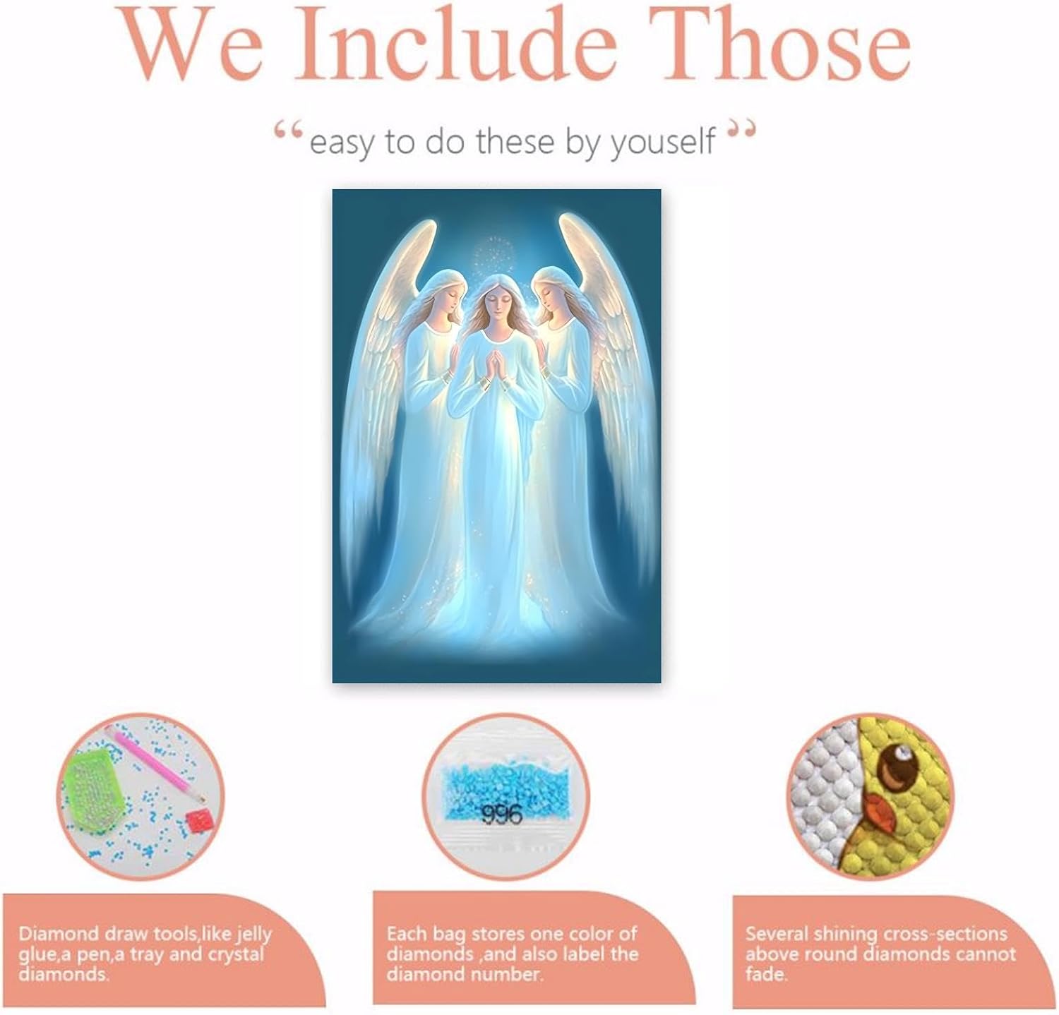 NSUAJOF Diamond Painting Kits Three Praying Angels Art Painting 5D DIY Full Round Drill HD Canvas Wall Art, Personalized Gifts for Family Friends Home Wall Decor 12x18 Inch
