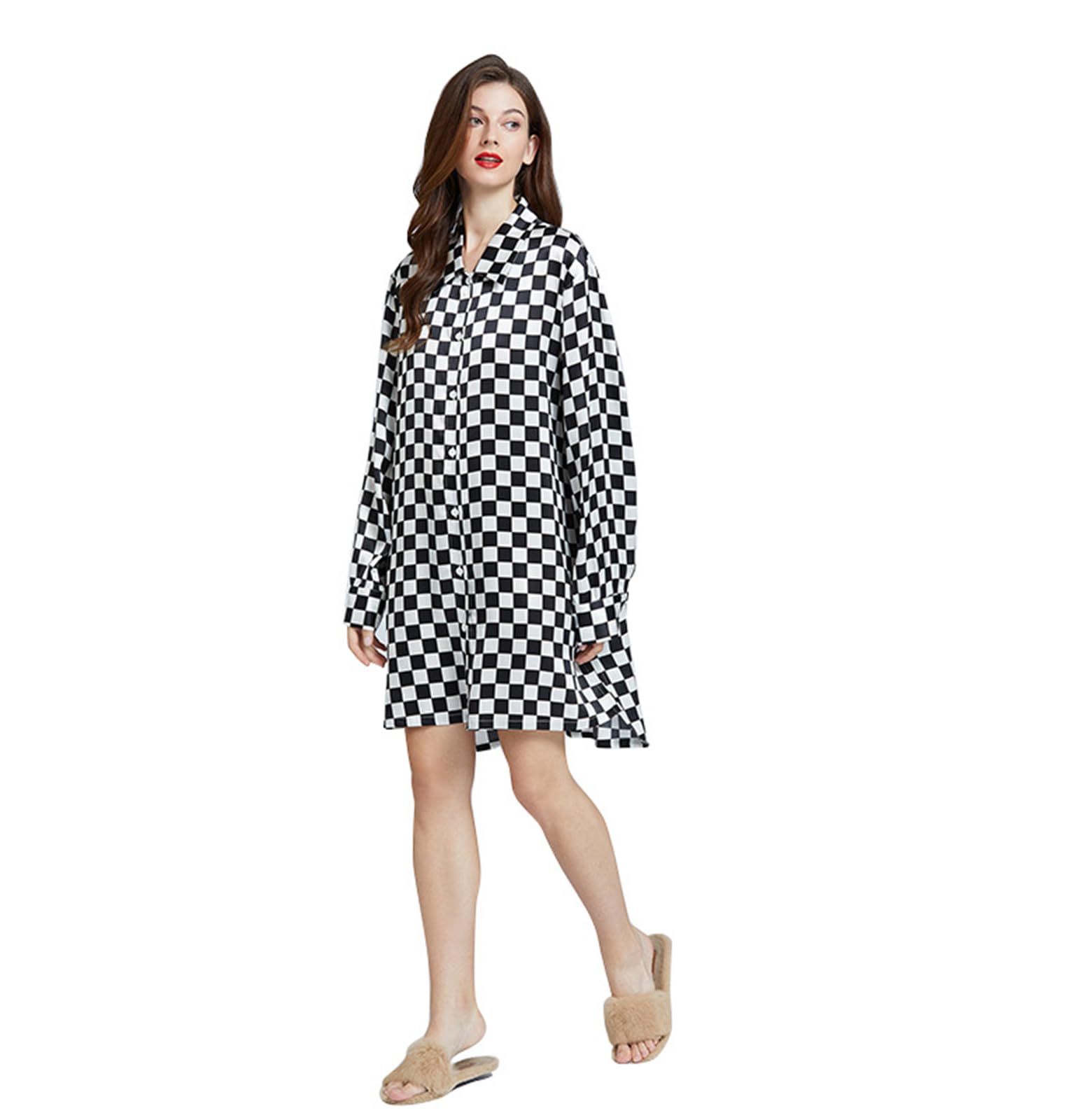 Frauen Seide Nachthemd, 19 Mommy Sexy Satin Nacht Roben Frauen Button Up Satin Nachthemden,Schwarz,M