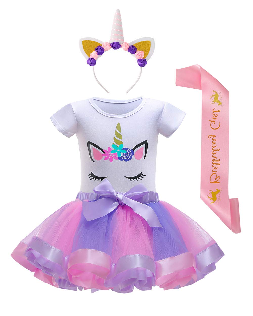 Nuolich Little Girls Unicorn Birthday Party Outfit, Unicorn Tutu Dress, Headband, Shirt & Satin Sash