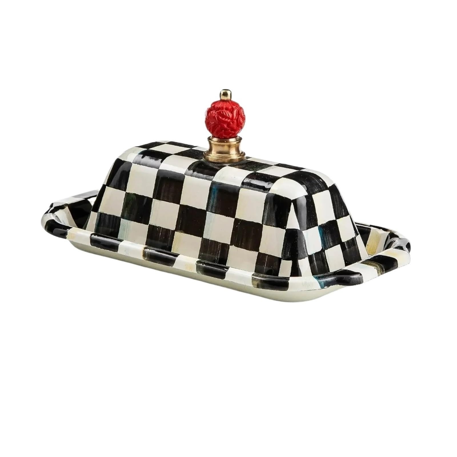 Beurrier en émail, joli plat à couvercle, motif carreaux courtois noir et blanc Pour Cuisine